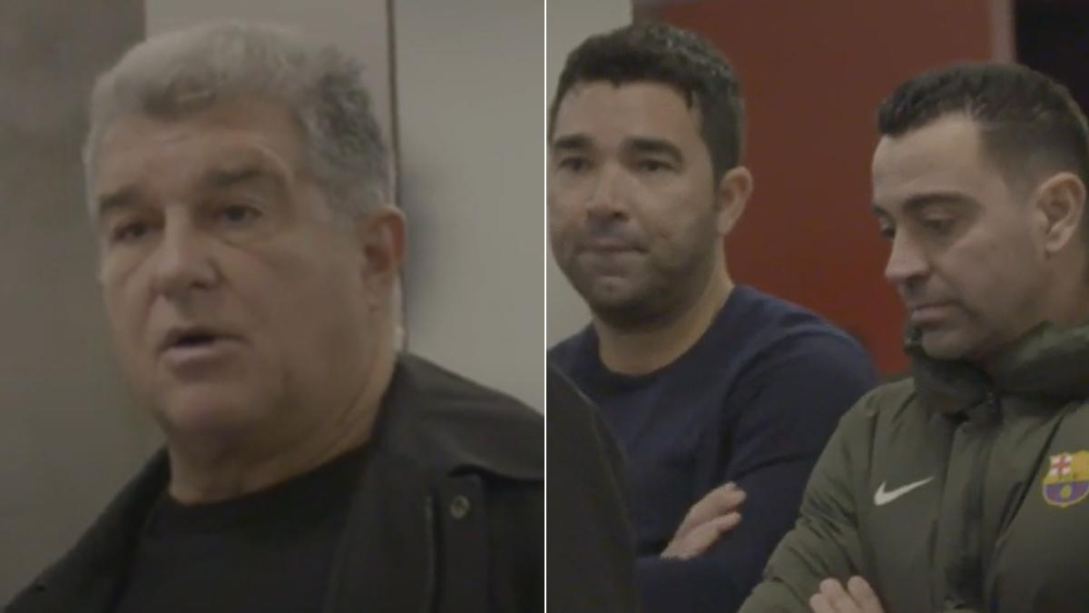 El Barça publica un vídeo sin audio de Laporta dentro del vestuario... ¡las caras de Deco y Xavi lo dicen todo!