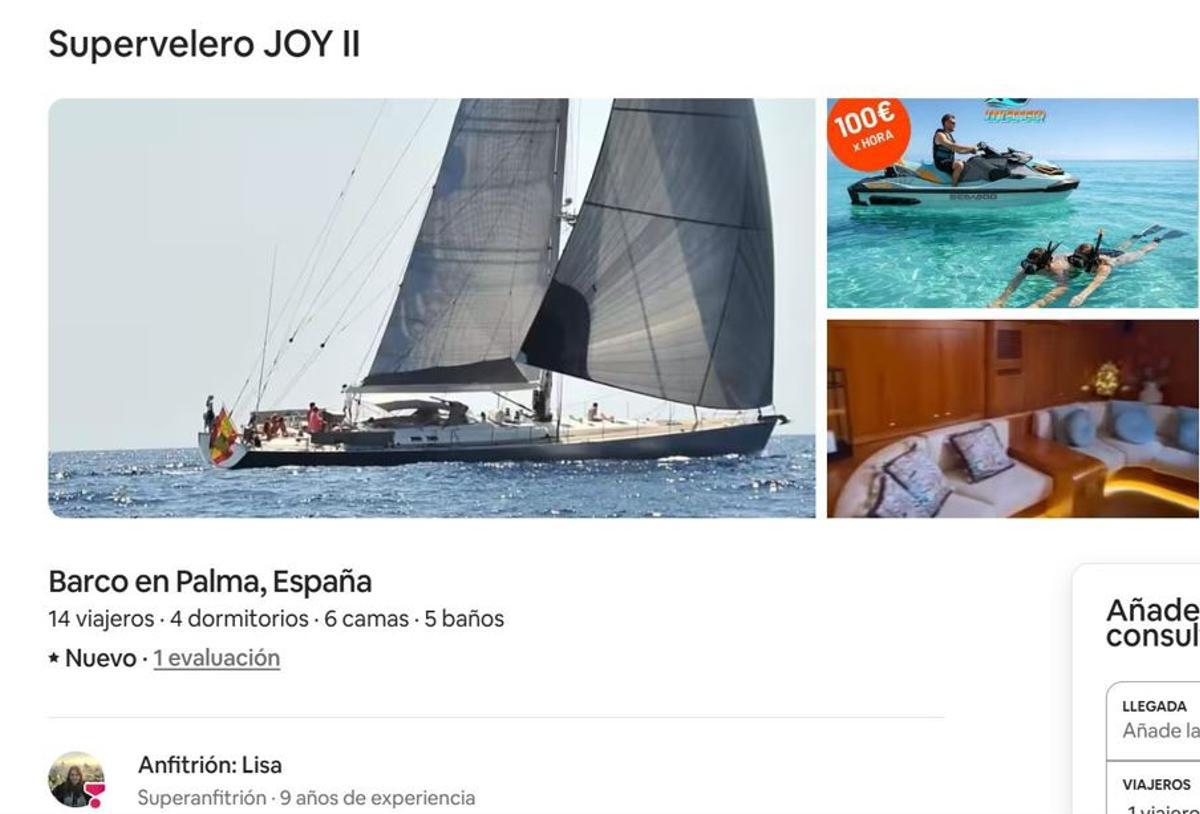 Anuncio del velero en Airbnb que promociona la anfitriona Lisa, antes Paco Garrido.