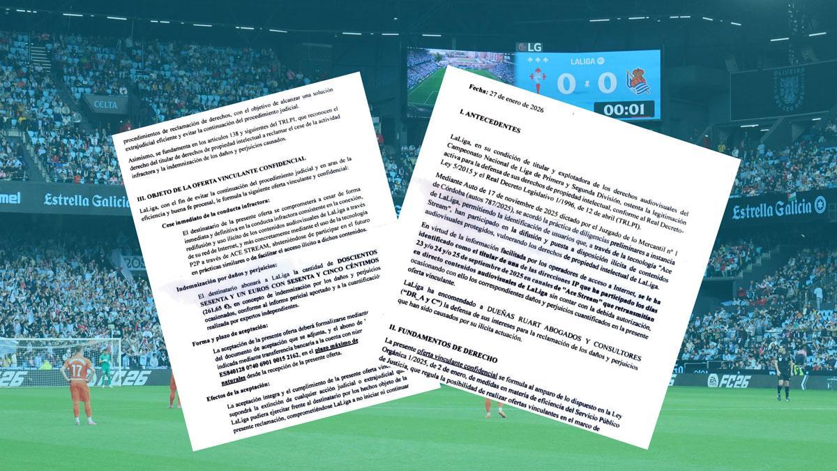 Al frente, parte de las cartas enviadas por la LaLiga. En el fondo, el estadio de Balaídos durante un partido.