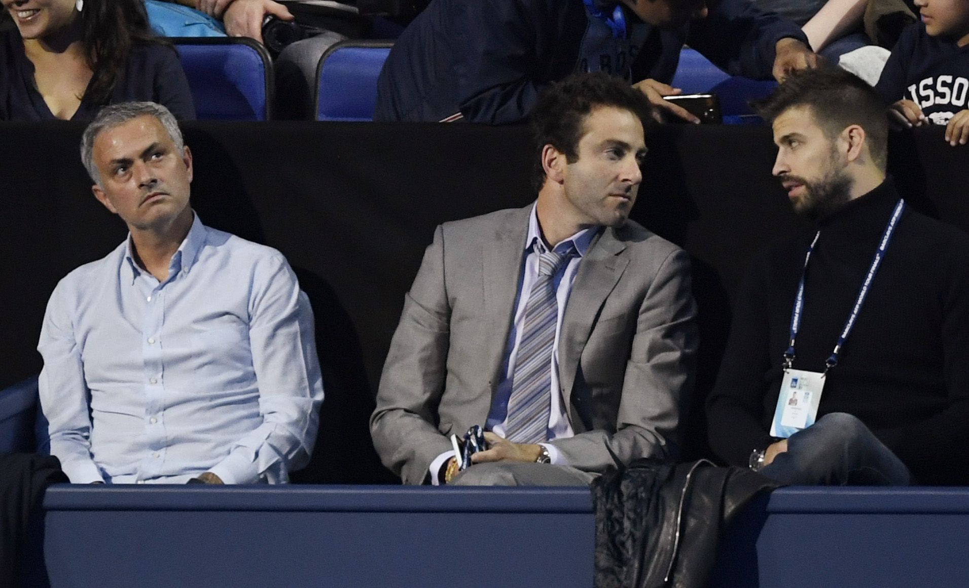 Manchester United manager Jose Mourinho and Barcelona and Spain's Gerard Pique in the stands during the round robin match between Serbia's Novak Djokovic and Austria's Dominic Thiem