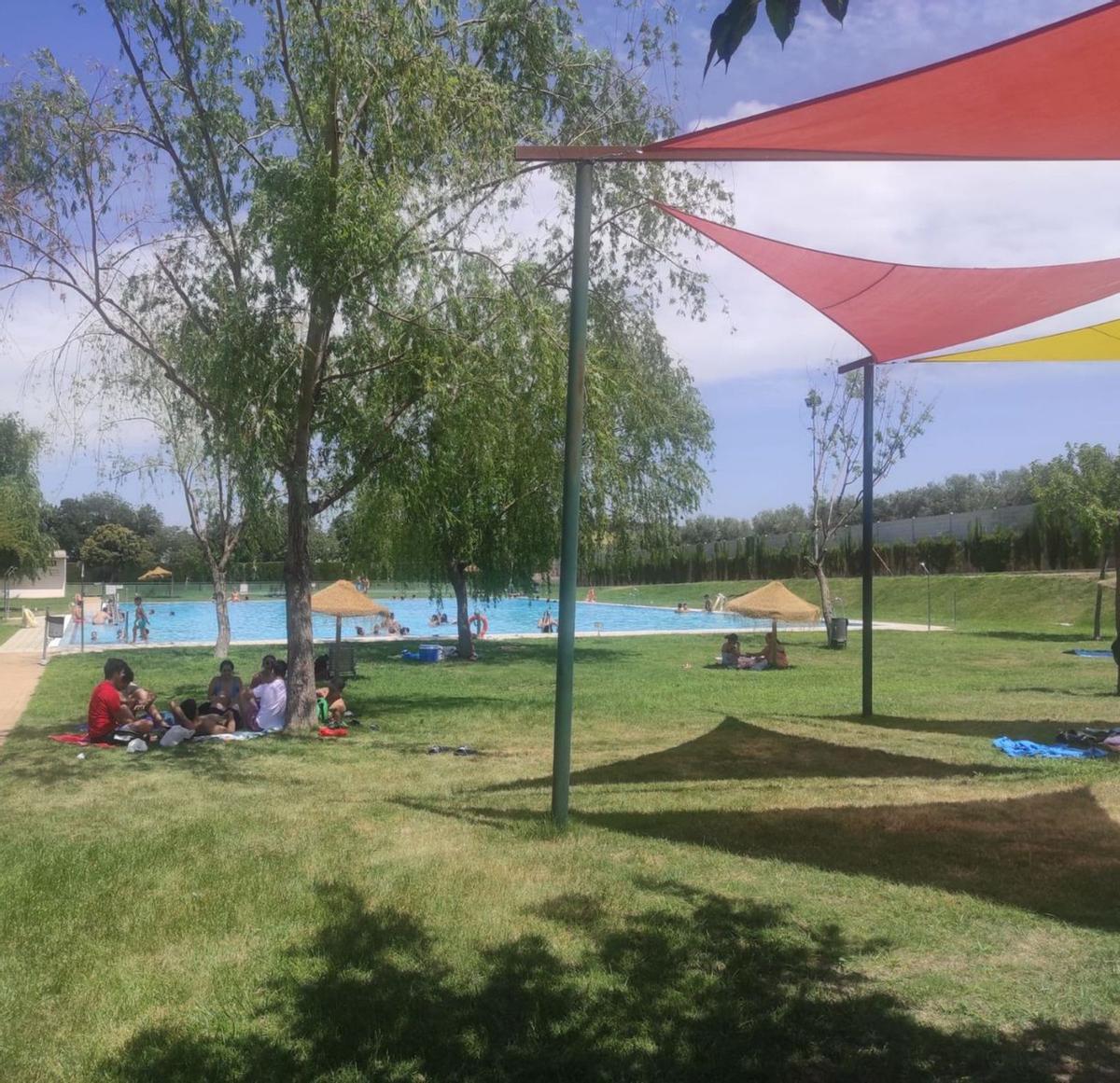 Un grupo de bañistas disfruta de una de las sombras de la piscina de Lucena.
