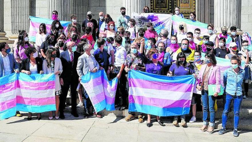 Activistas trans y diputados, ayer, a las puertas del Congreso. |   // E.P.