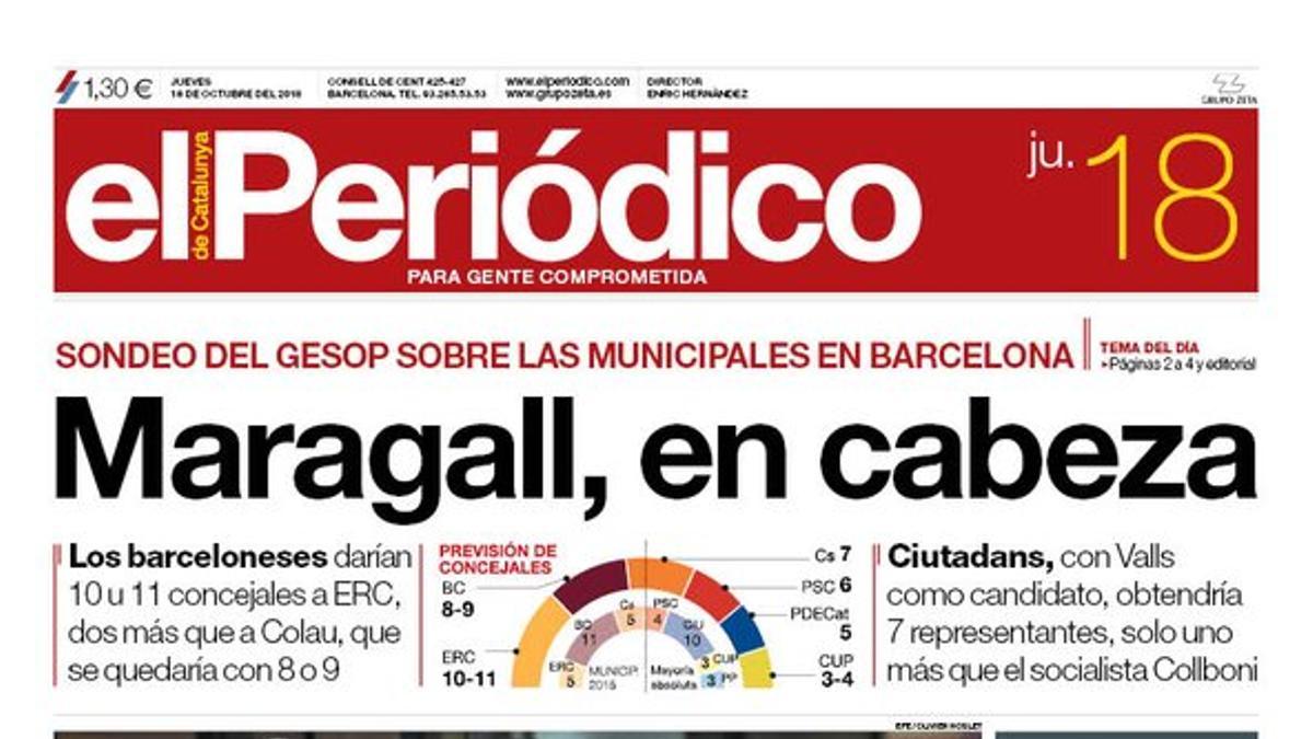 La portada de EL PERIÓDICO DE CATALUNYA del jueves, 18 de octubre del 2018