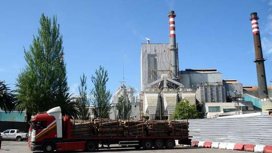 Un camión de madera ante la fábrica de Ence en Pontevedra.