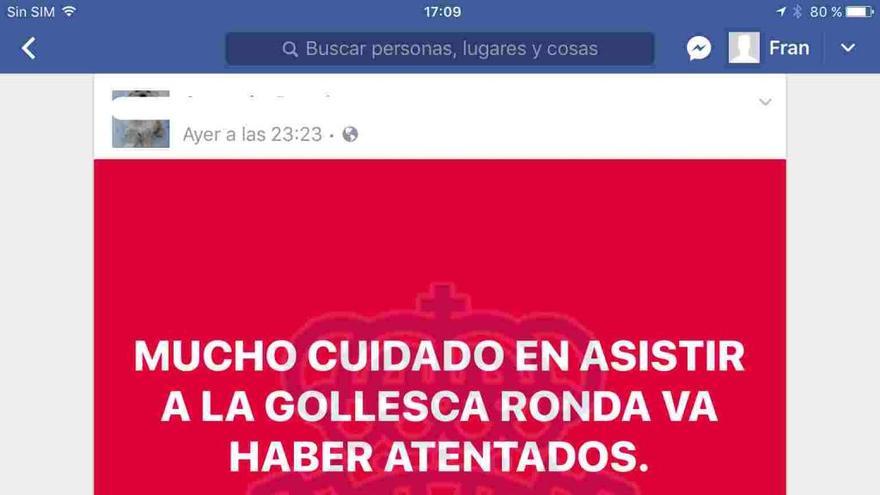 Pantallazo de la publicación en Facebook del investigado.