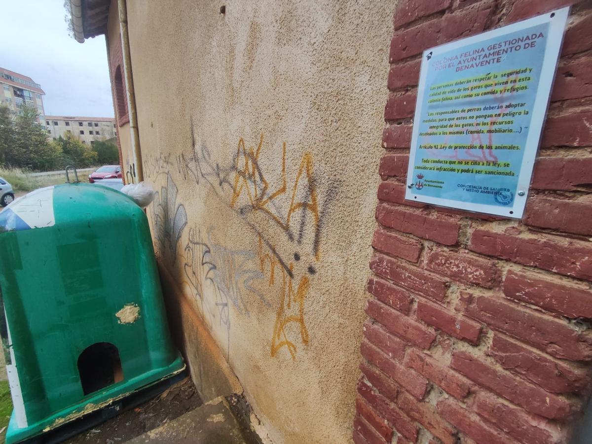 Un cartel reza en la antigua harinera reza: Colonia felina gestionada por el Ayuntamiento de Benavente.
