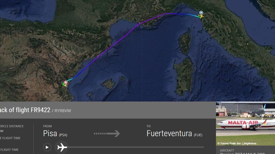 Trayecto del vuelo de Pisa a Fuerteventura que fue desviado a Valencia.