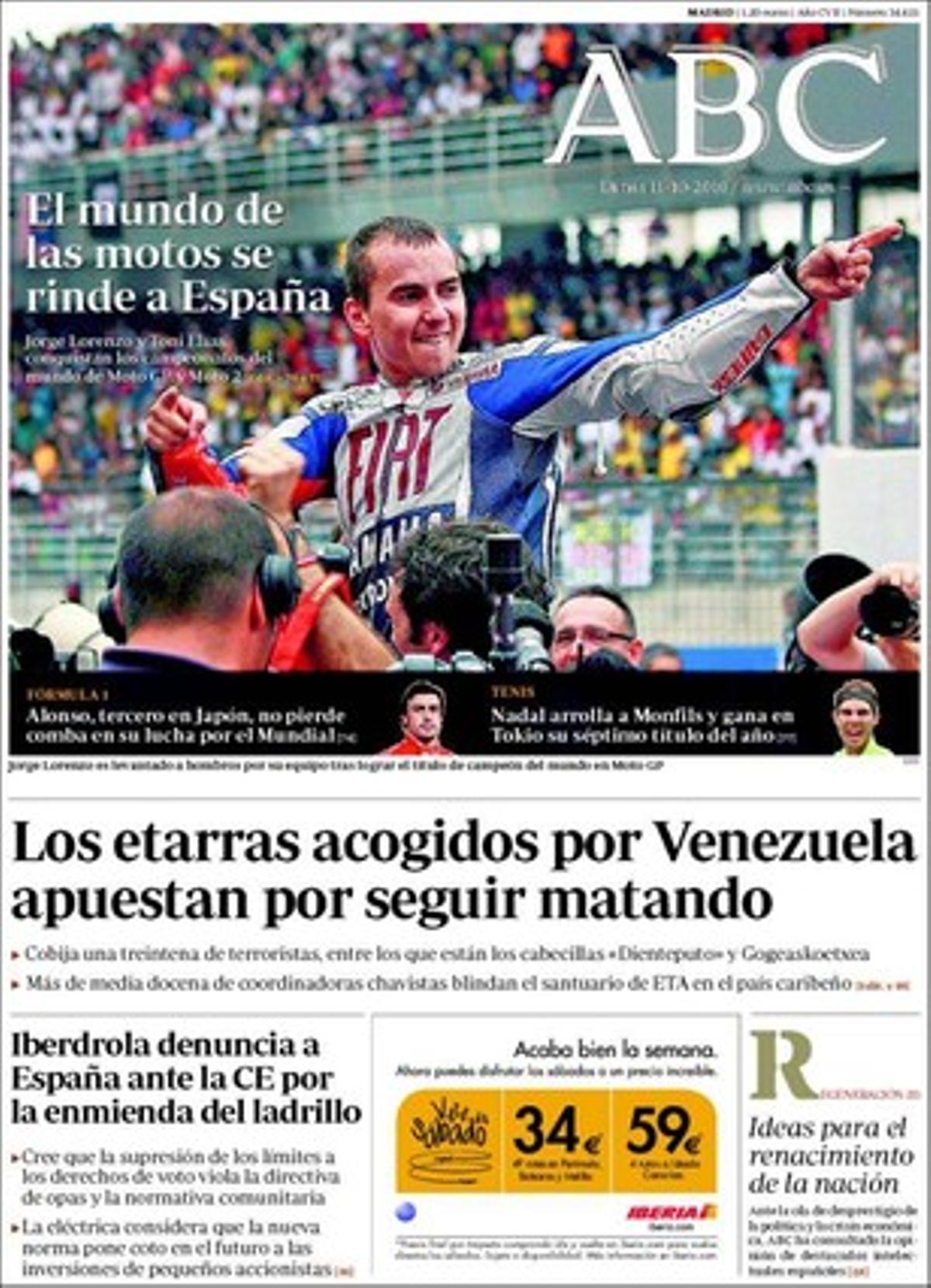 ’Abc’ destaca que el ministre Alfredo Pérez Rubalcaba va ser escridassat per familiars de guàrdies civils.