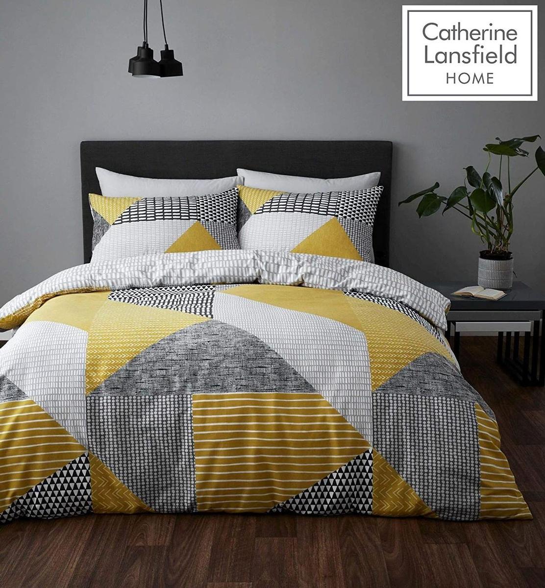 Juego de cama con funda de edredón gris, blanca y amarilla