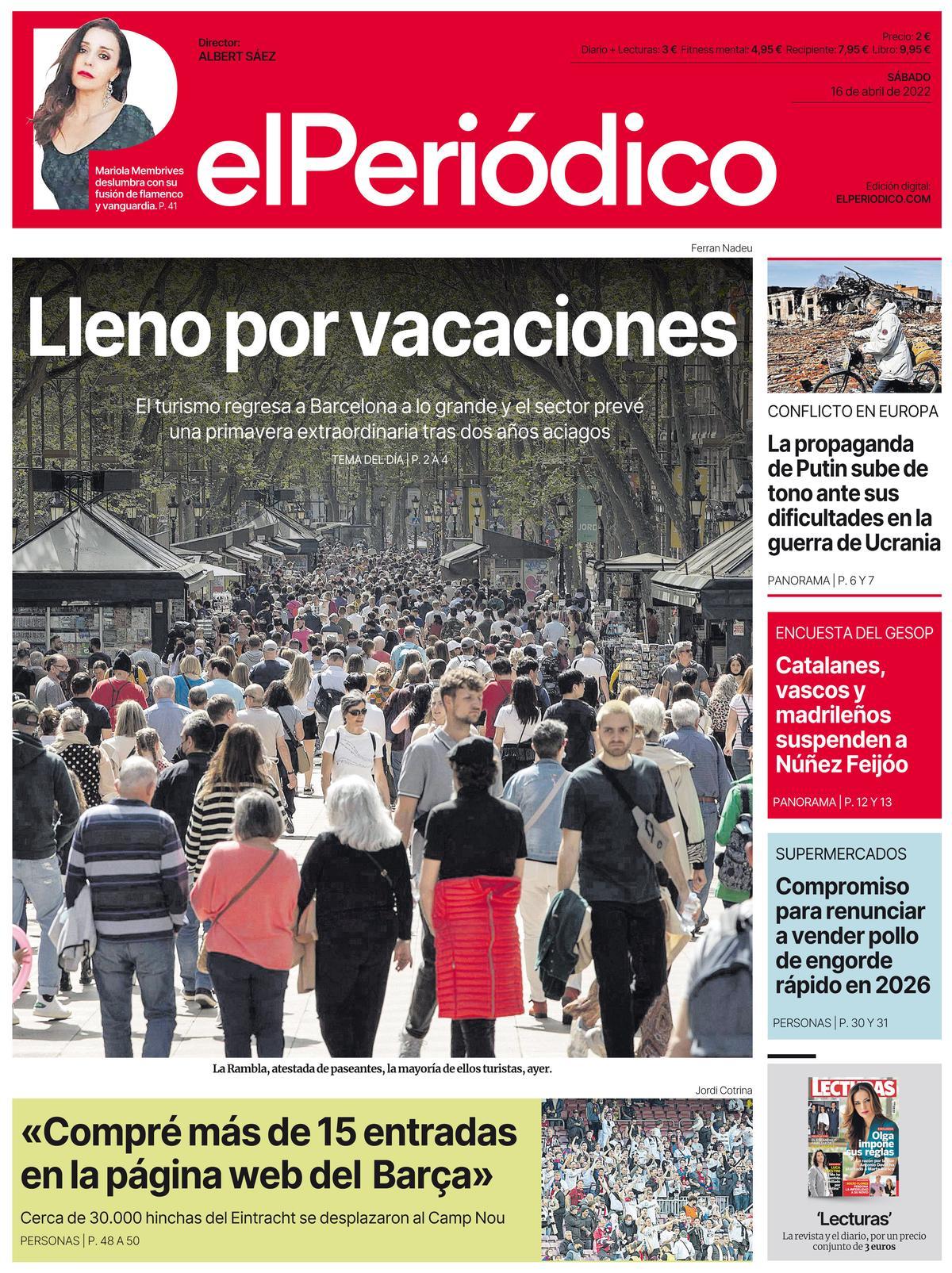 La portada d’EL PERIÓDICO del 16 d’abril del 2022 La portada d’EL PERIÓDICO del 16 d’abril del 2022