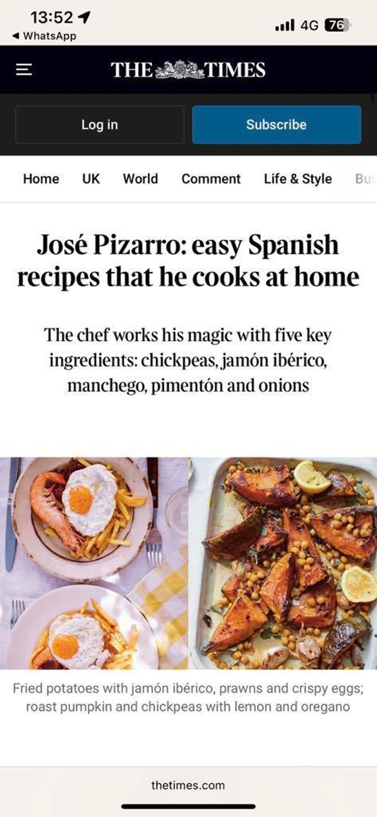 El artículo sobre la cocina casera de Pizarro en The Times
