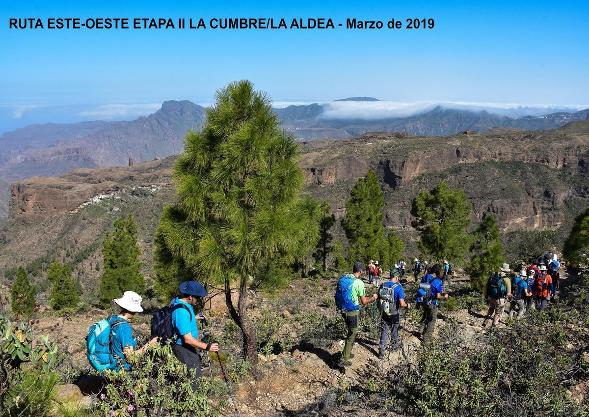 Senderistas del Grupo Montañeros Gran Canaria en La Aldea de San Nicolás haciendo la ruta este-oste en marzo de 2019.