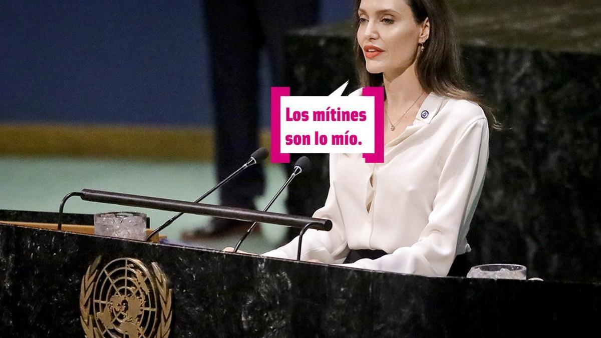 Angelina Jolie dando un discurso sobre la Organización de las Naciones Unidas