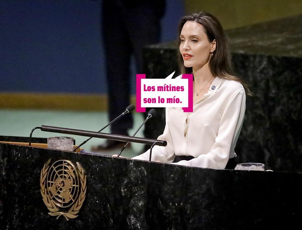Angelina Jolie dando un discurso sobre la Organización de las Naciones Unidas