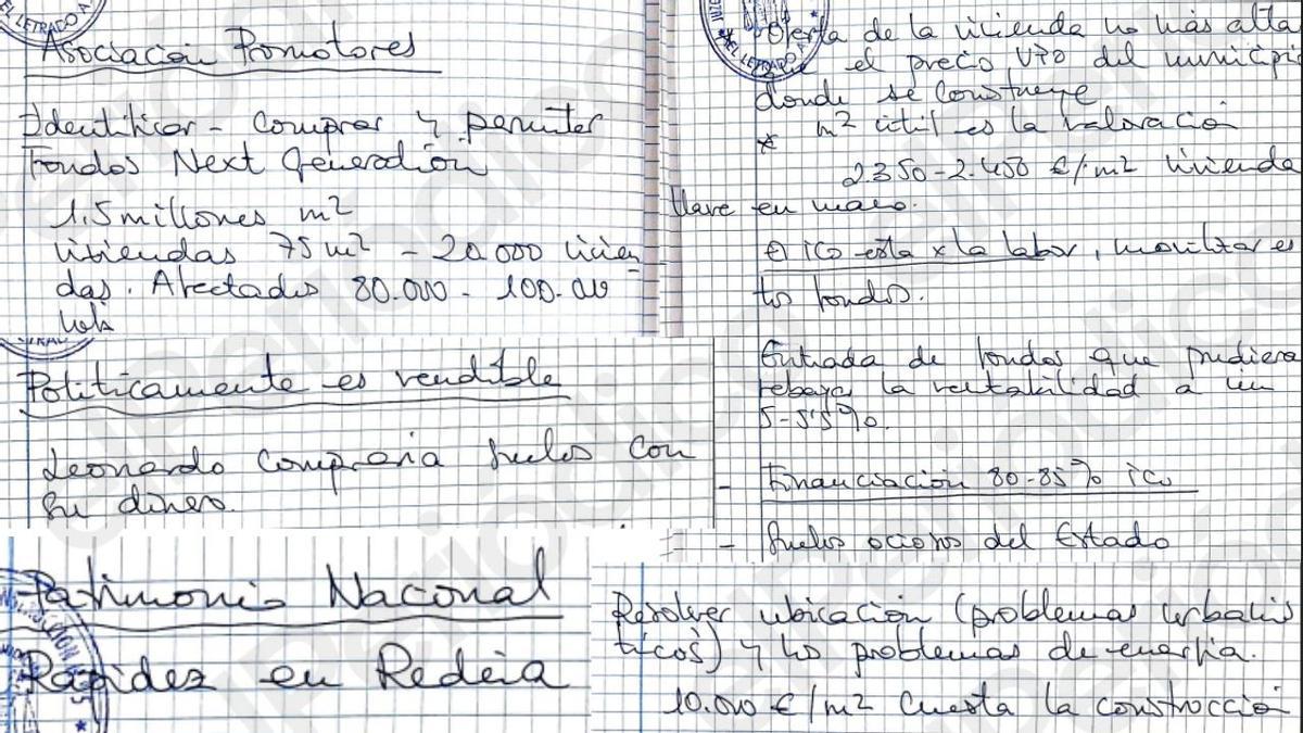 Recortes de las libretas de Leire Díez en poder de la UCO en los que se menciona que "Leonardo compraría suelo con su dinero" y se involucra al ICO y a Redeia