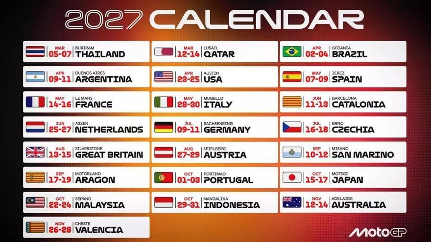 MotoGP ha publicado el calendario para la temporada 2027
