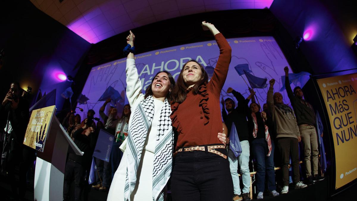 Irene MOntero e Ione Belarra en un acto de Podemos.