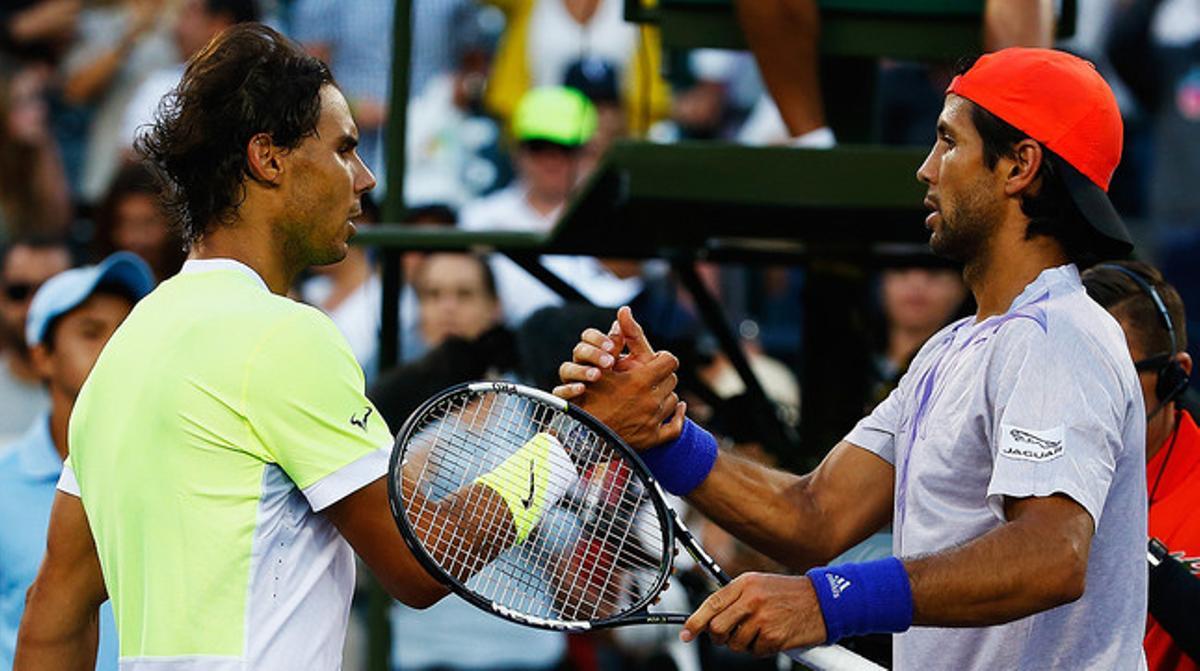 Rafael Nadal felicita Fernando Verdasco després de caure davant el madrileny en tercera ronda del Master 1.000 de Miami.