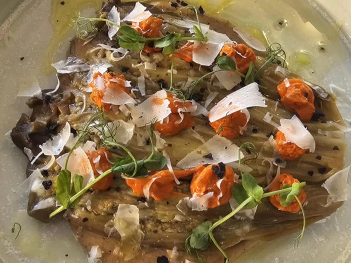 Restaurante El Casino Felymar (Cehegín): Berenjena asada con sobrasada de chato murciano y Queso de Murcia DOP curado