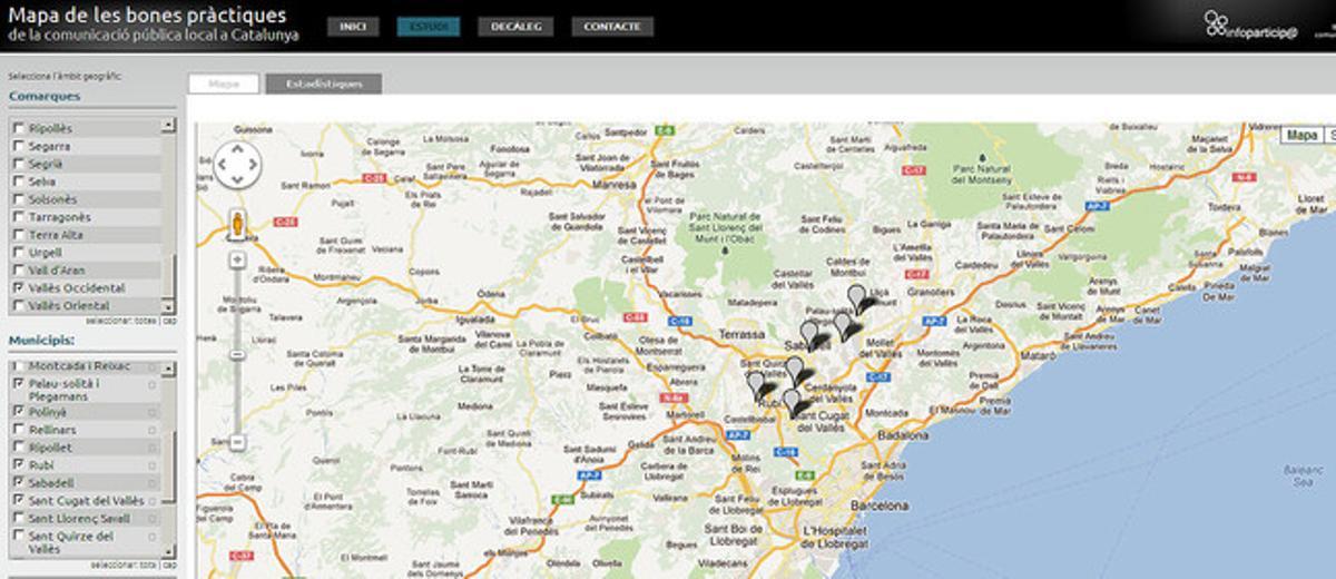 Captura del ’Mapa de les bones pràctiques de la comunicació pública local a Catalunya’ amb la selecció de municipis de la comarca del Vallès Occidental.