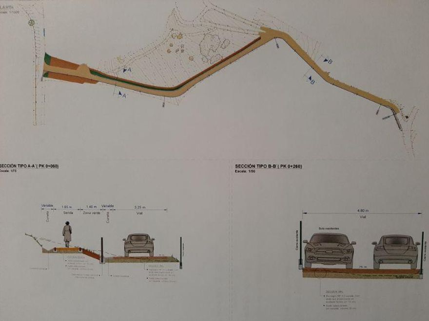 Plano del trazado y las secciones previstas para el nuevo vial de Lagos.