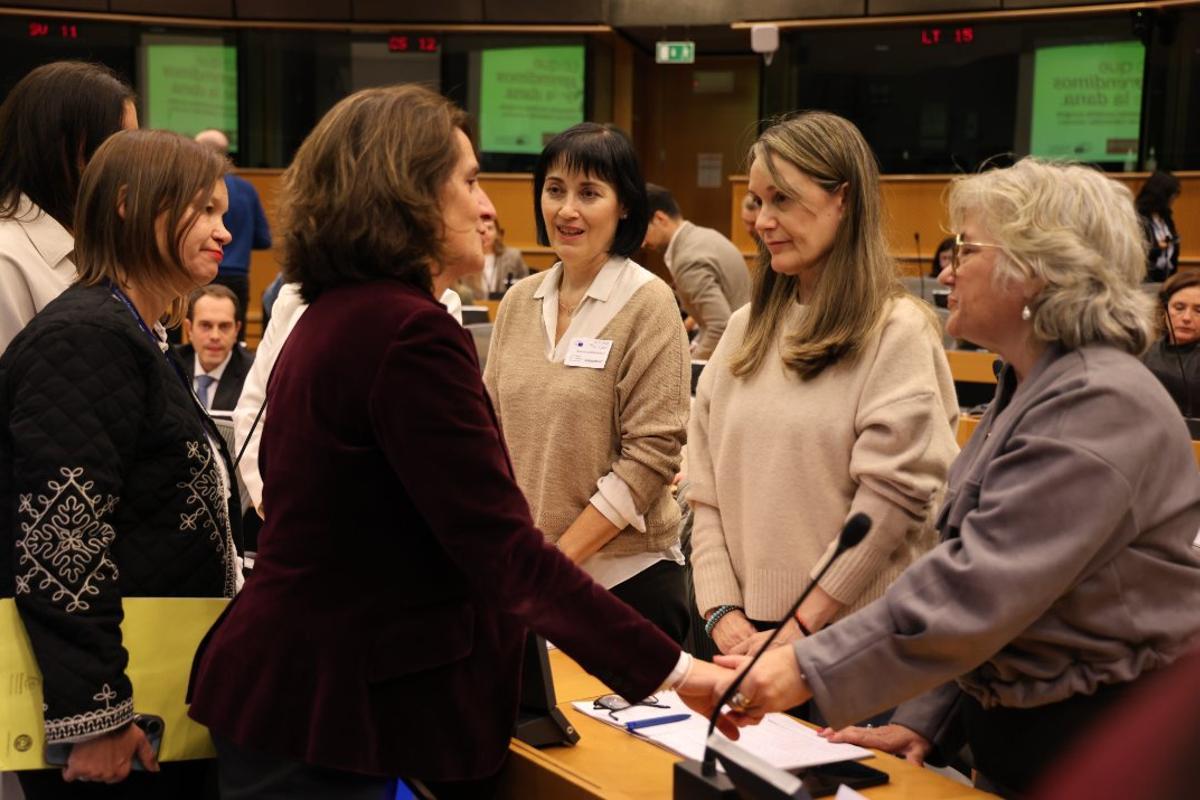 Teresa Ribera y Leire Pajín conversan, este miércoles en Bruselas, con representantes de las víctimas de la dana
