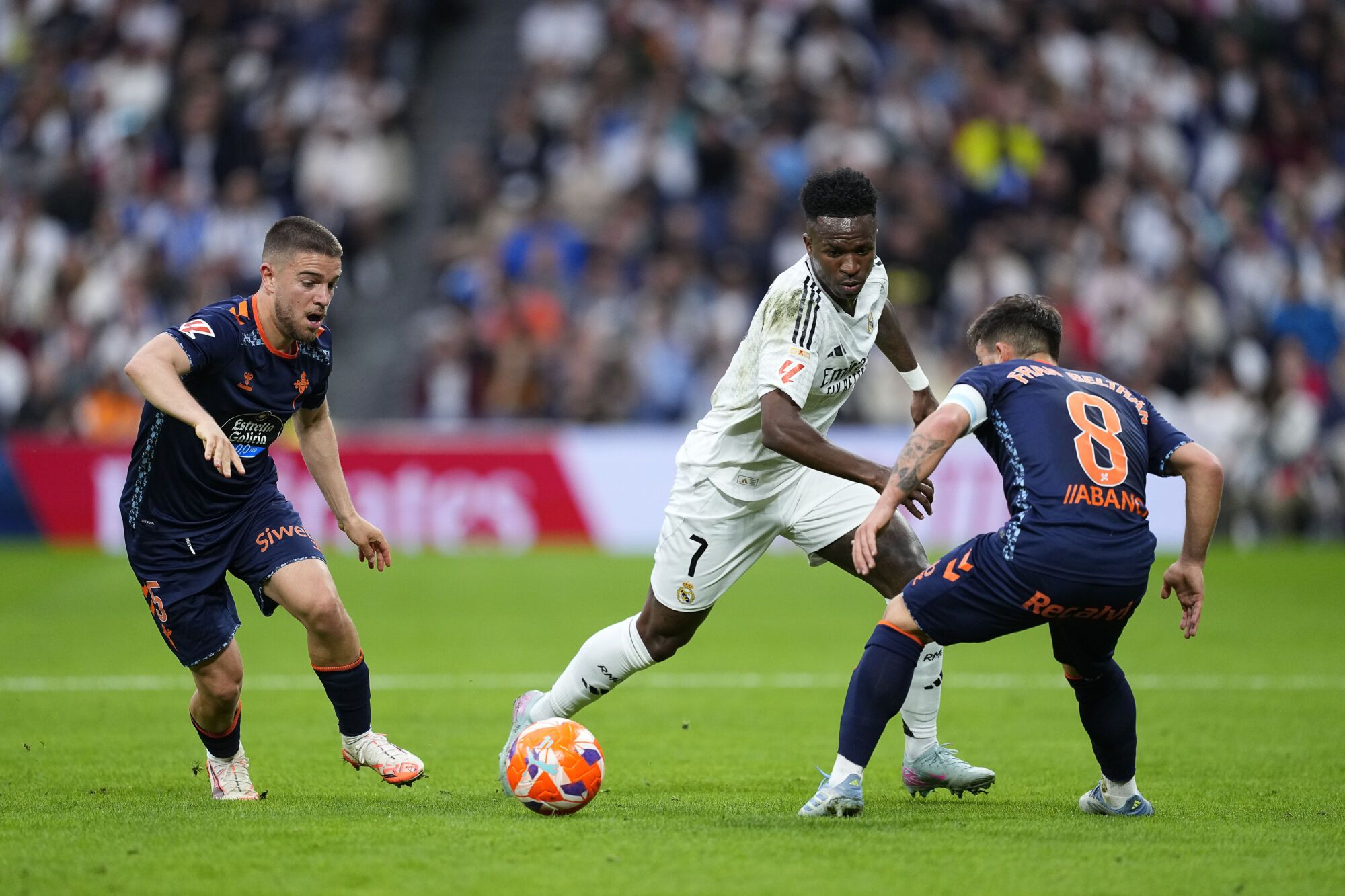 Vinicius Junior of Real Madrid in action during the Spanish League, LaLiga EA Sports, football match played between Real Madrid and RC Celta de Vigo at Santiago Bernabeu stadium on May 04, 2025 in Madrid, Spain. AFP7 04/05/2025 ONLY FOR USE IN SPAIN. Oscar J. Barroso / AFP7 / Europa Press;2025;SOCCER;SPAIN;SPORT;ZSOCCER;ZSPORT;Real Madrid v RC Celta de Vigo - LaLiga EA Sports;