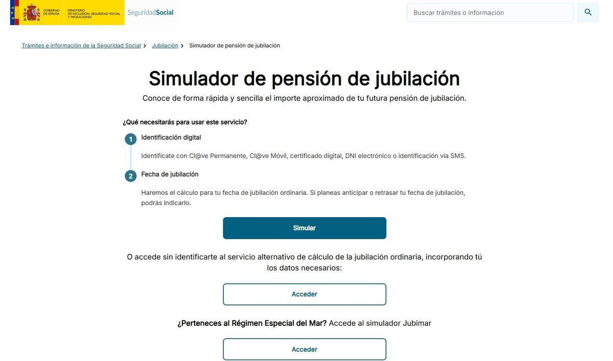 Simulador de pensión de jubilación