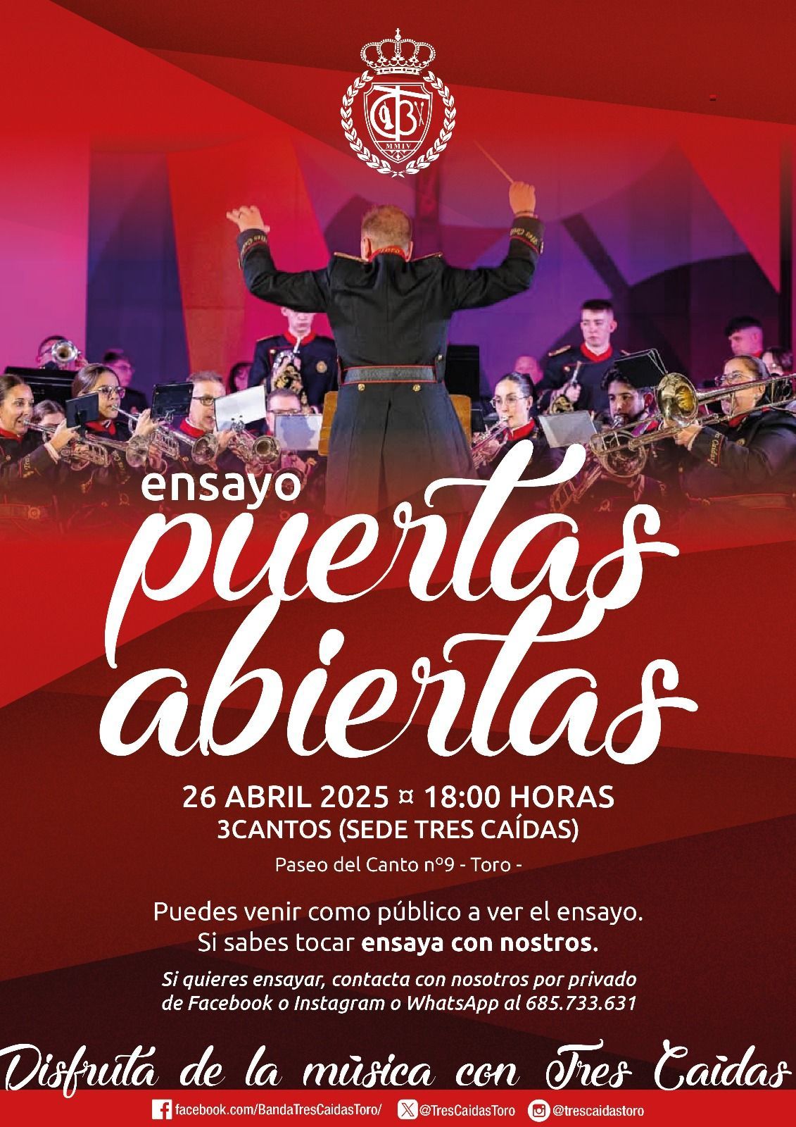 Cartel de la jornada de ensayo de puertas abiertas de la banda de cornetas y tambores "Tres Caídas" de Toro.