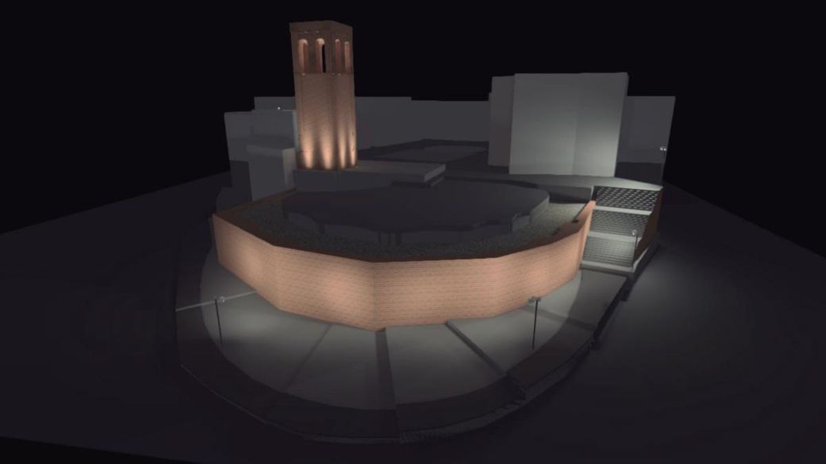 Simulació de com quedarà la part posterior de la plaça amb la muralla i el campanar il·luminats