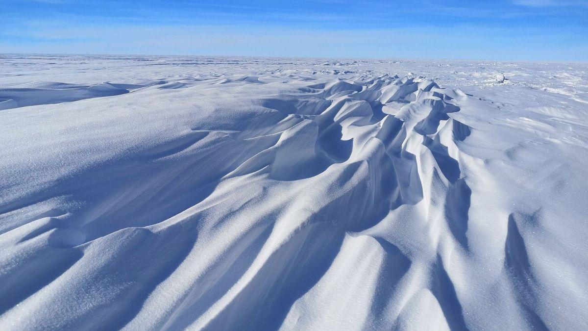 Nieve esculpida por el viento en la capa de hielo de la Antártida.