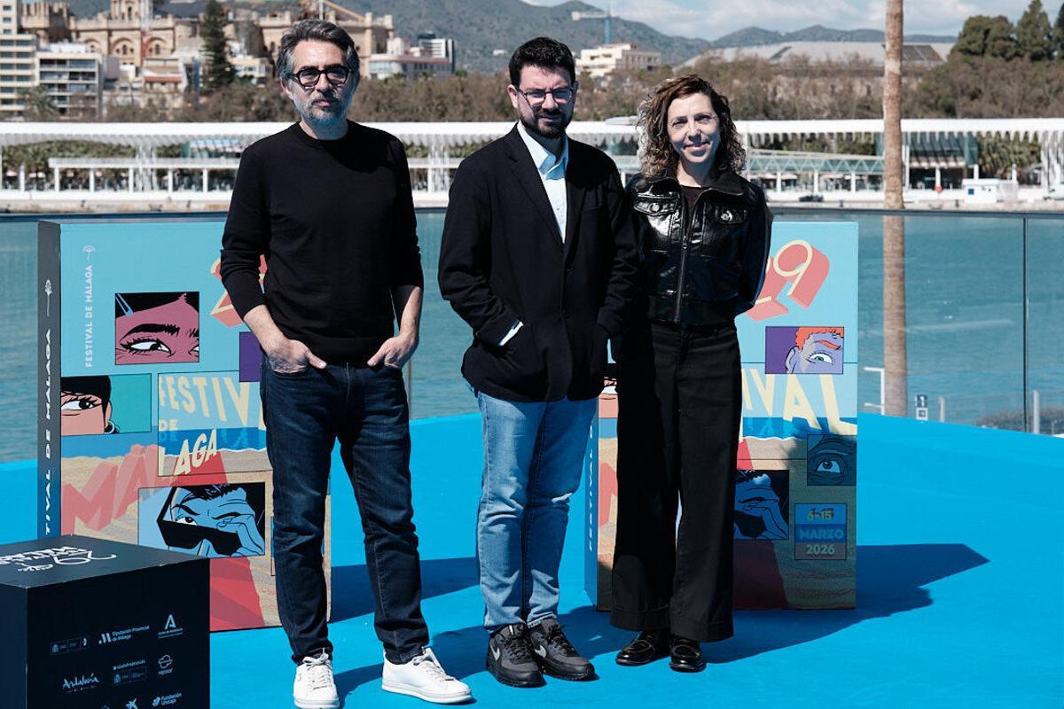 Presentación de 'Pizza Movies' en el Festival de Málaga por parte del guionista y director Carlos Padial, Berto Romero, Judit Martín  y Bruna Cusí
