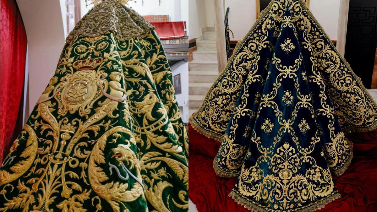 Manto verde de Pepi Maya (izquierda) y manto azul de las hermanas Rama (derecha). Nuevos enseres de la Esperanza de Triana.