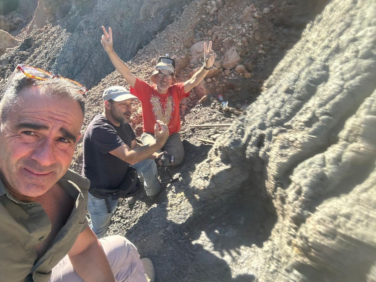 Los investigadores Daniel Belmonte, Javier Molina y David Vento tras hallar el diente de una especie con más de 220 millones de años