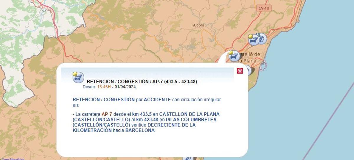 Aviso de la DGT del accidente en Castellón