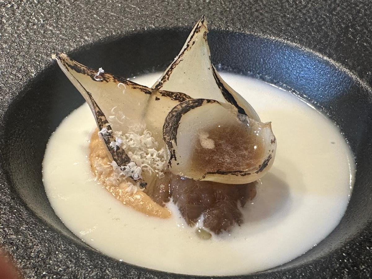 Hojas de cebolla con sopa de almendras