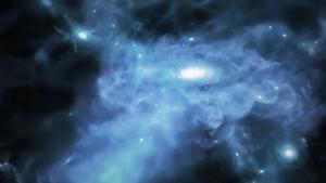 La ilustración muestra una galaxia formándose unos cientos de millones de años después del Big Bang.