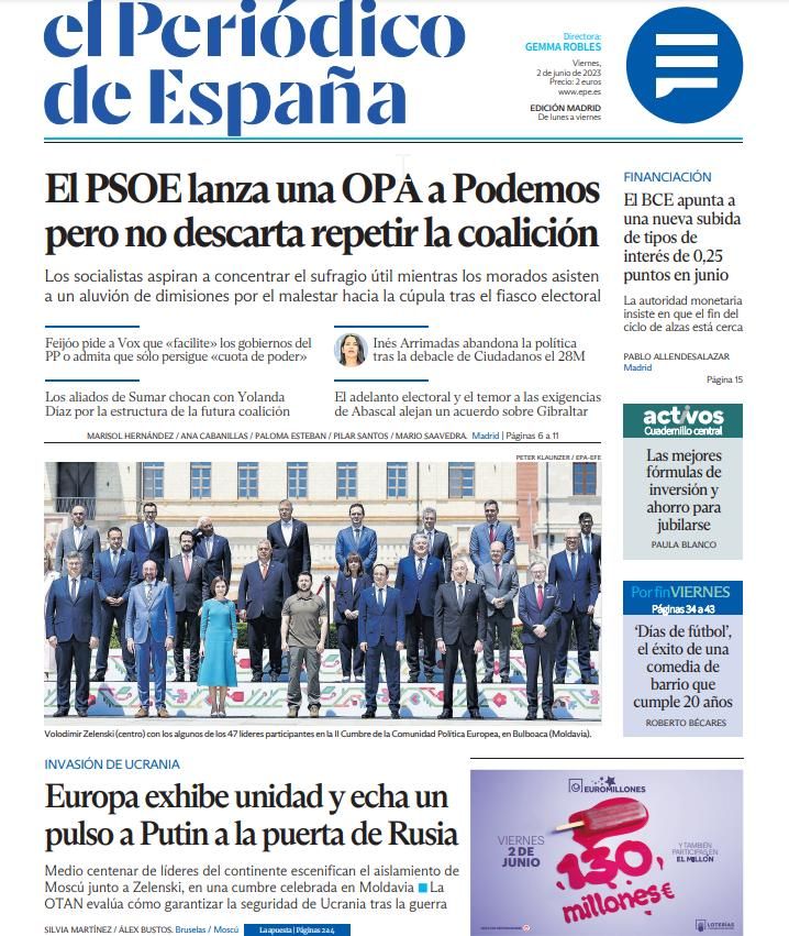 La portada de EL PERIÓDICO DE ESPAÑA, hoy viernes 2 de junio del 2023.