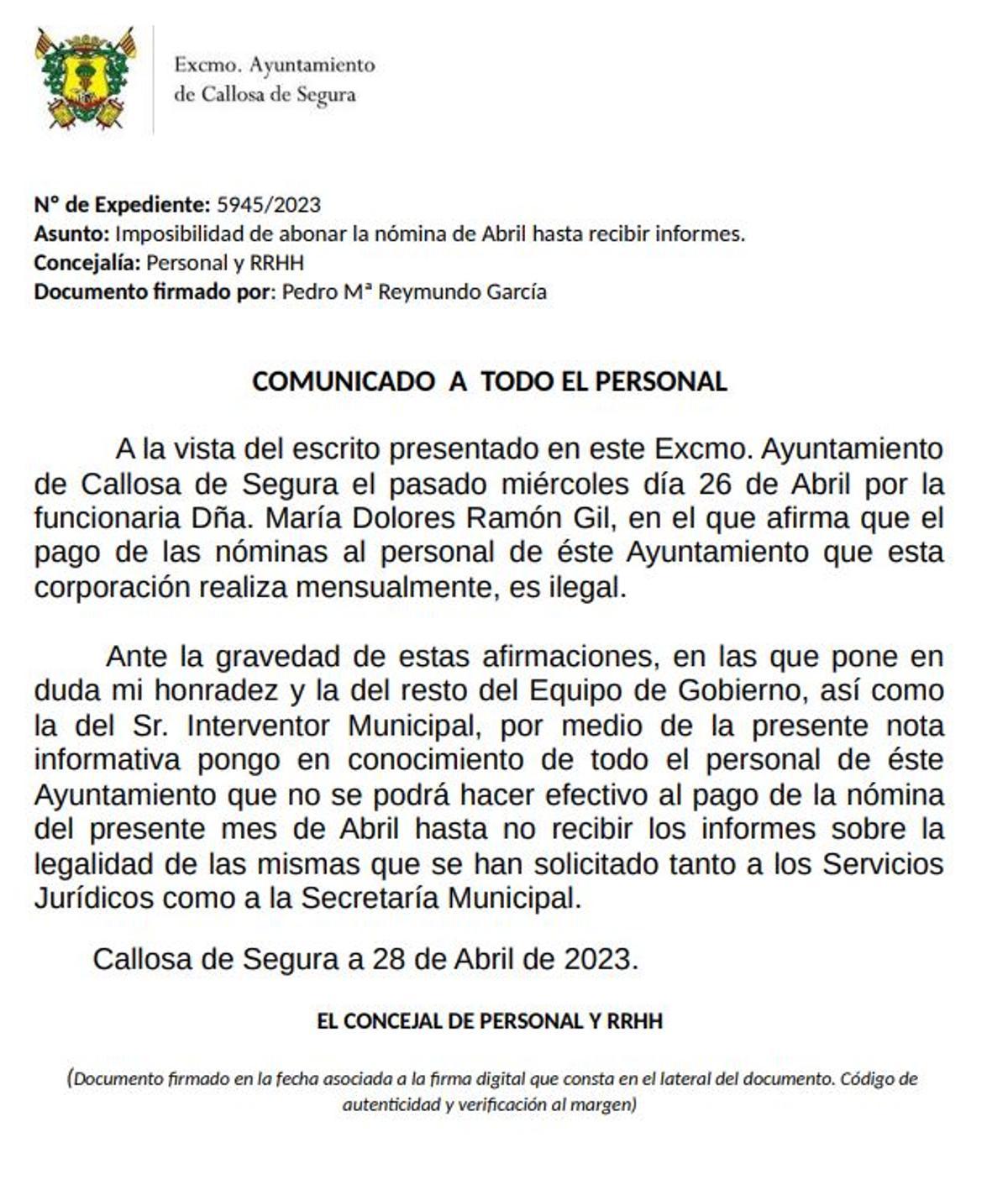 Comunicación que han recibido los trabajadores este viernes