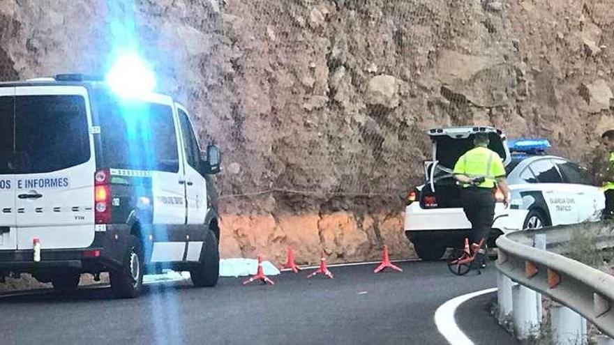 Los vehículos y agentes de la Guardia Civil, con el fallecido aún en la carretera.