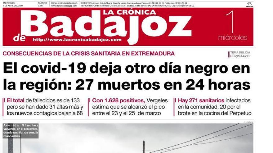 Esta es la portada de LA CRÓNICA DE BADAJOZ correspondiente al día 1 de abril del 2020