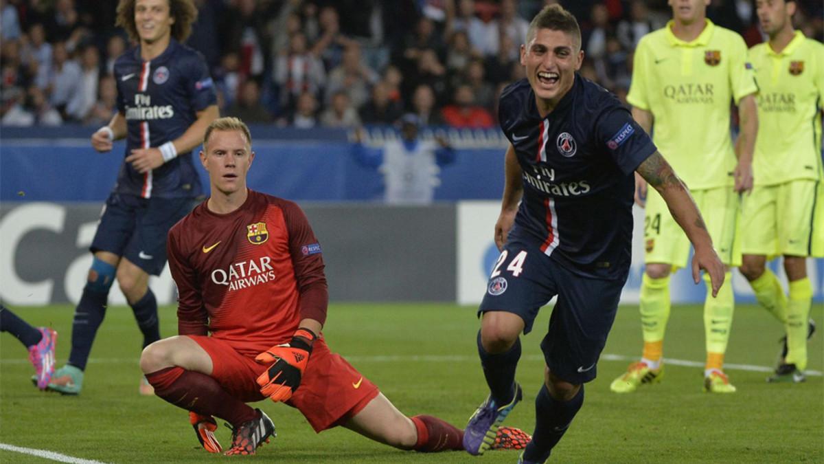 Verratti, en una acción contra el FC Barcelona en la Champions League 2014 - 2015 en el Parque de los Príncipes