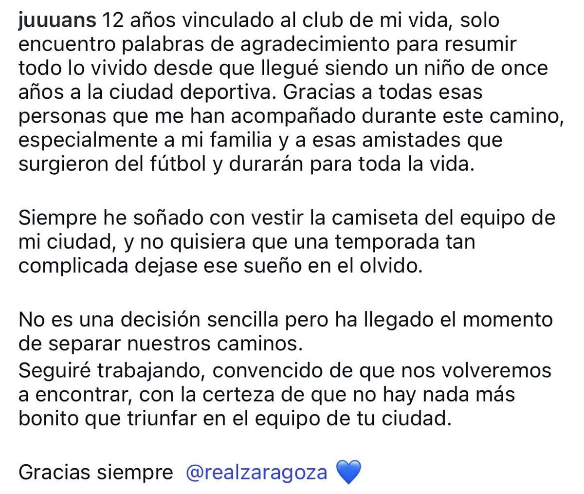 La despedida de Juan Sebastián en Instagram.