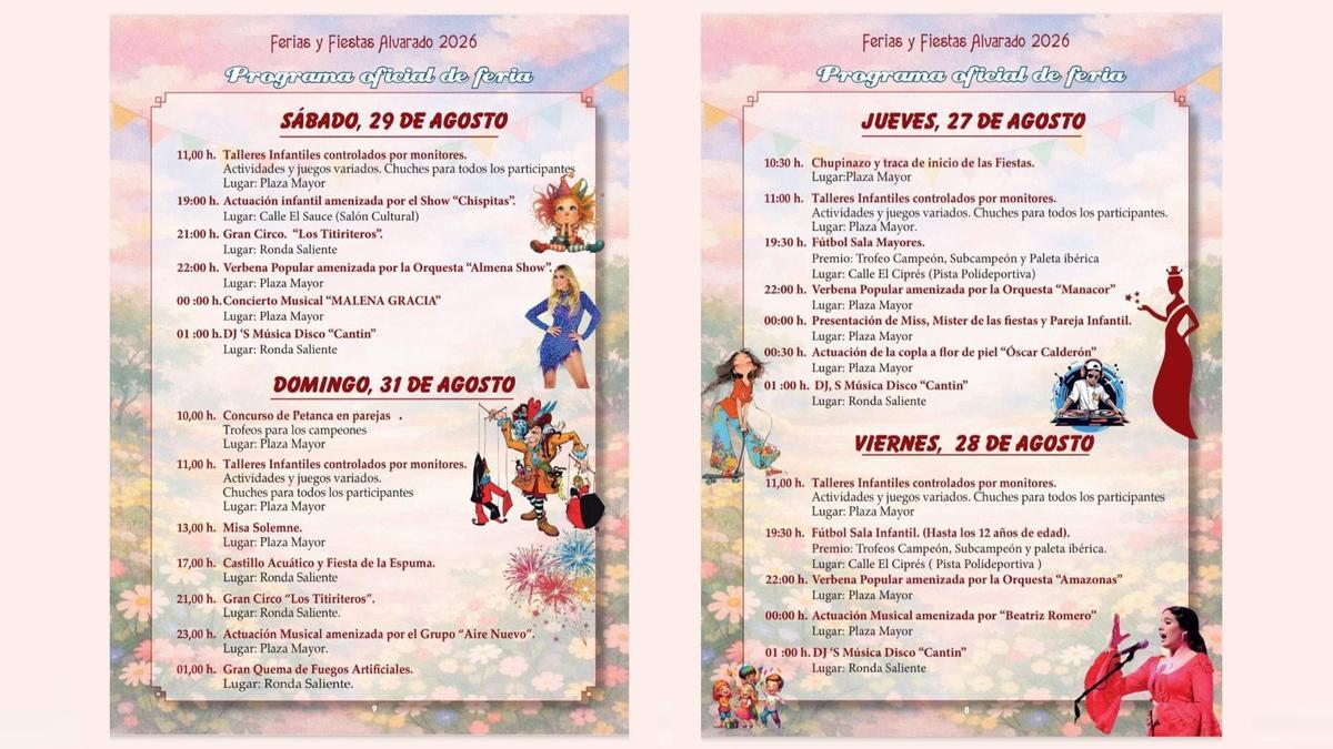 Programación de las Ferias y Fiestas de Alvarado 2026.