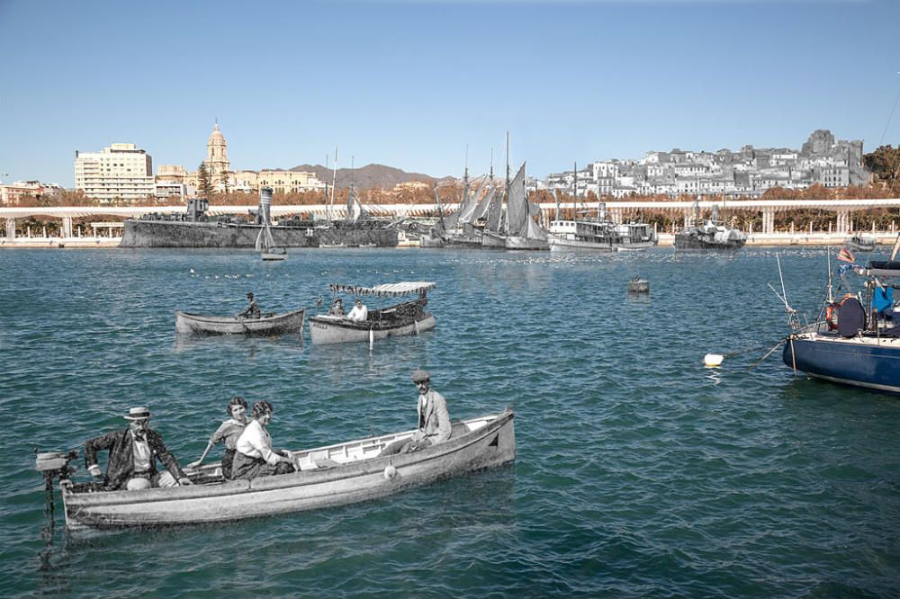 Puerto. Los caballeros a la moda, que en un primer plano pasean a dos damas en una barca a motor, navegan por el mar de la eternidad. A sus espaldas, tapada en parte por las embarcaciones contemporáneas, se extiende una pérgola de aires calatravescos y al fondo, la Manquita, protegida por una implacable muralla hotelera (...).