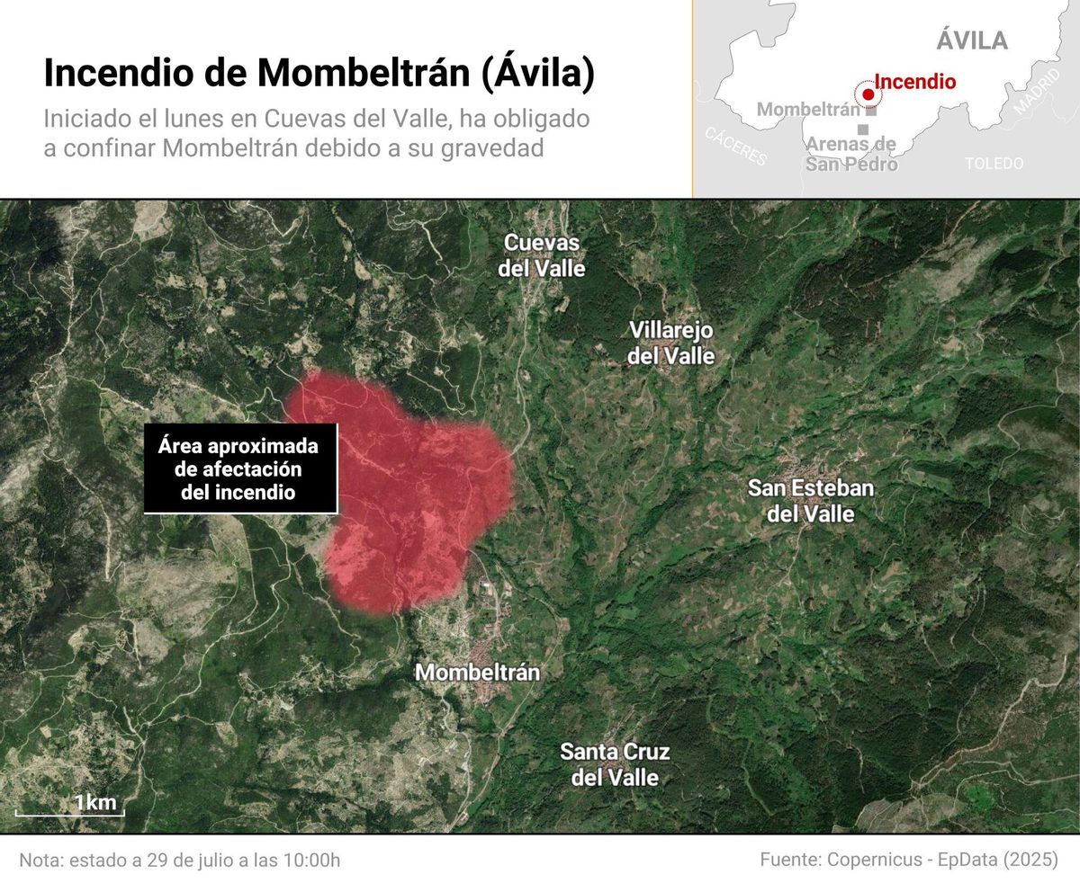 Mapa con área de afectación aproximada del incendio en Mombeltrán (Ávila). Unos 250 efectivos terrestres y aéreos trabajan en las labores de control y extinción del incendio que se inició a las 23 horas de este lunes en Cuevas del Valle y que las rachas de viento, frecuentes en la zona, provocó que se haya decretado el índice de gravedad potencial (IGR) 2 por la cercanía con la localidad de Mombeltrán, que permanece confinado. 29 JULIO 2025;EPDATAINFOGRAFIA;DATOS;SOCIEDAD;MEDIO AMBIENTE Europa Press 29/07/2025. Europa Press