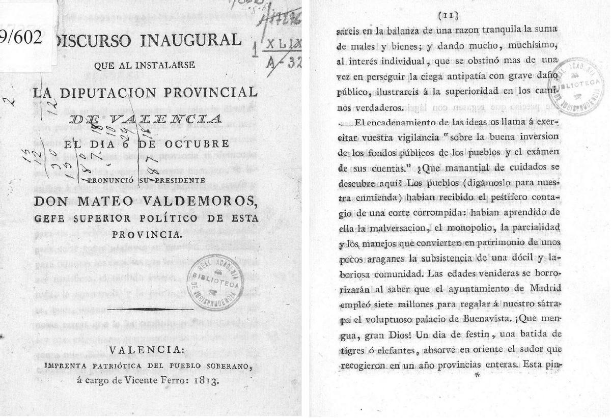 Discurso de Mateo Valdemoros, el presidente de la Diputación de València en 1813