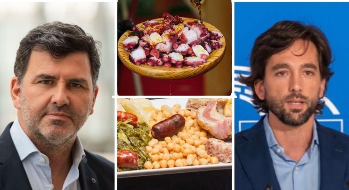 Los eurodiputados Nicolás  González Casares y Adrián Vázquez Lázara, socialista y popular respectivamente, enzarzados en un debate culinario entre el pulpo a la gallega y el cocido... de Lalín.