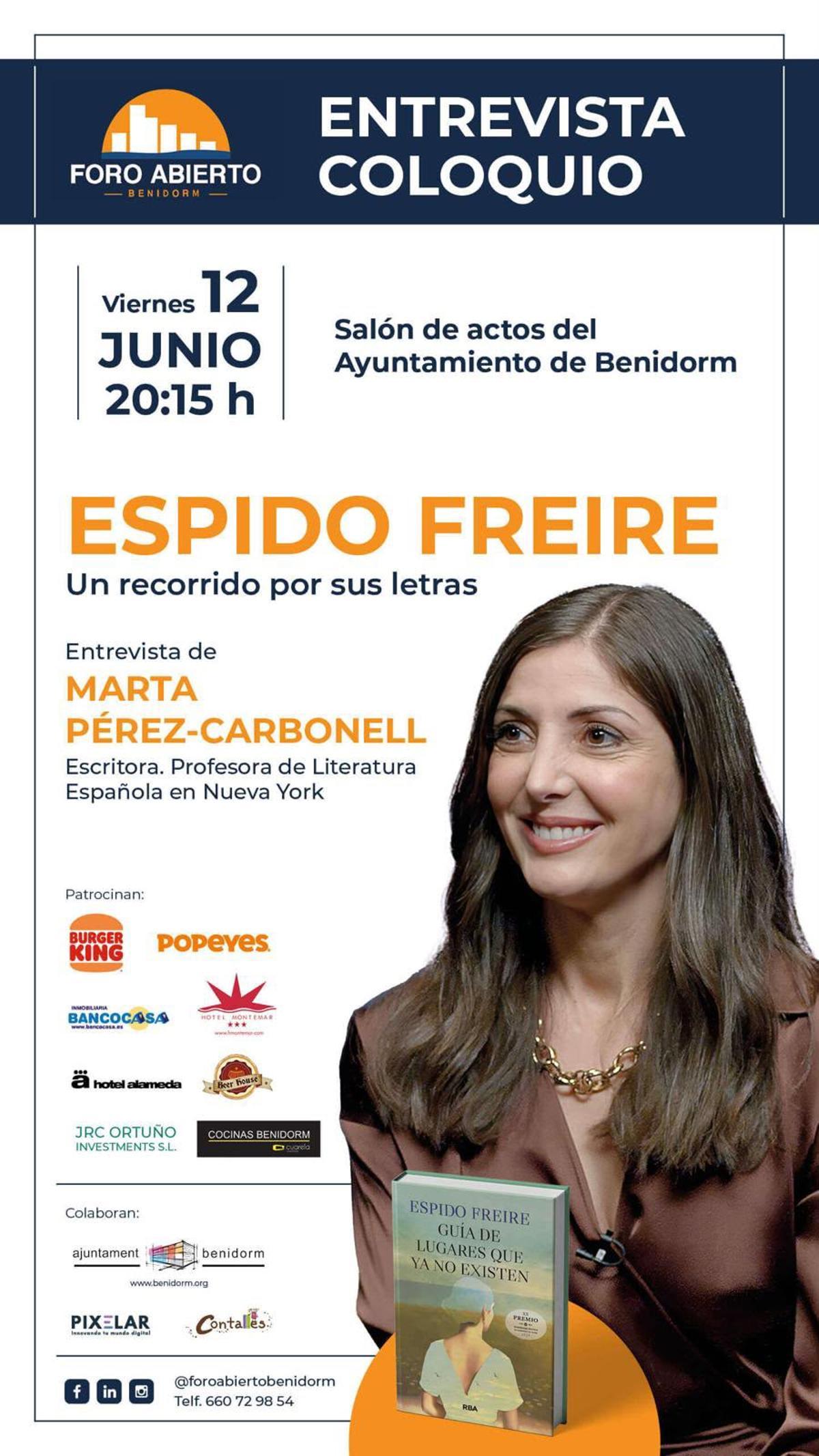 Cartel anunciador del primer acto de Foro Abierto Benidorm, con Espido Freire.