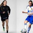 Carlota, durante un entrenamiento de atletismo, a la izquierda, y en un partido con el Real Zaragoza a la derecha.